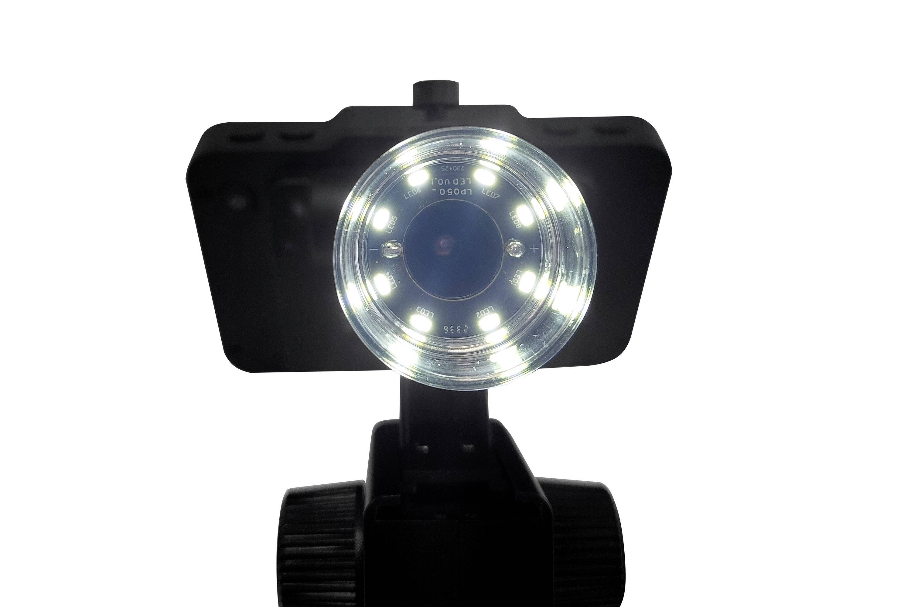A camera with bright LED lights mounted on a tripod, pointing forwards.