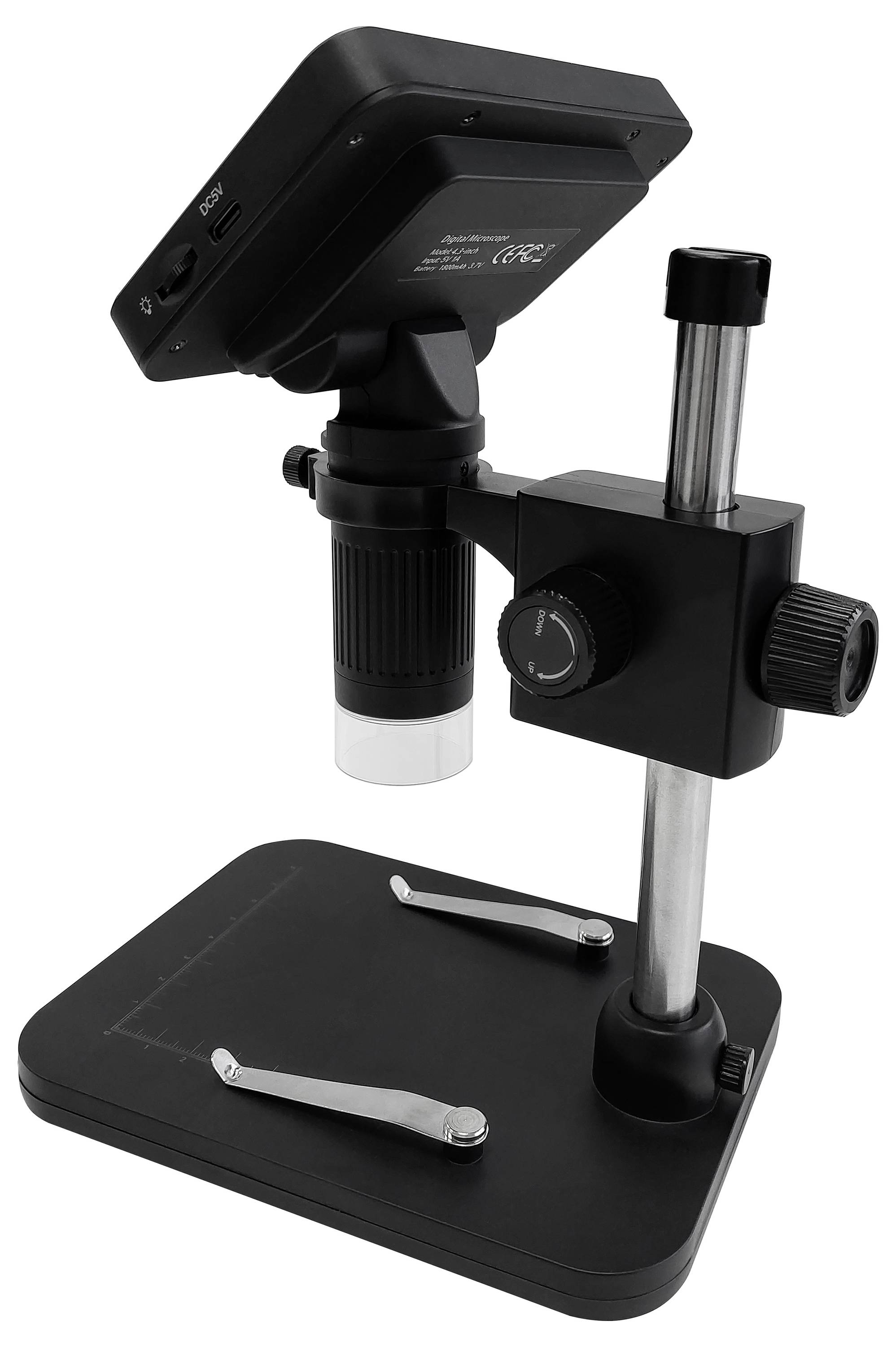A digital microscope with an adjustable stand, suitable for precise magnifications and detailed examination of small objects.