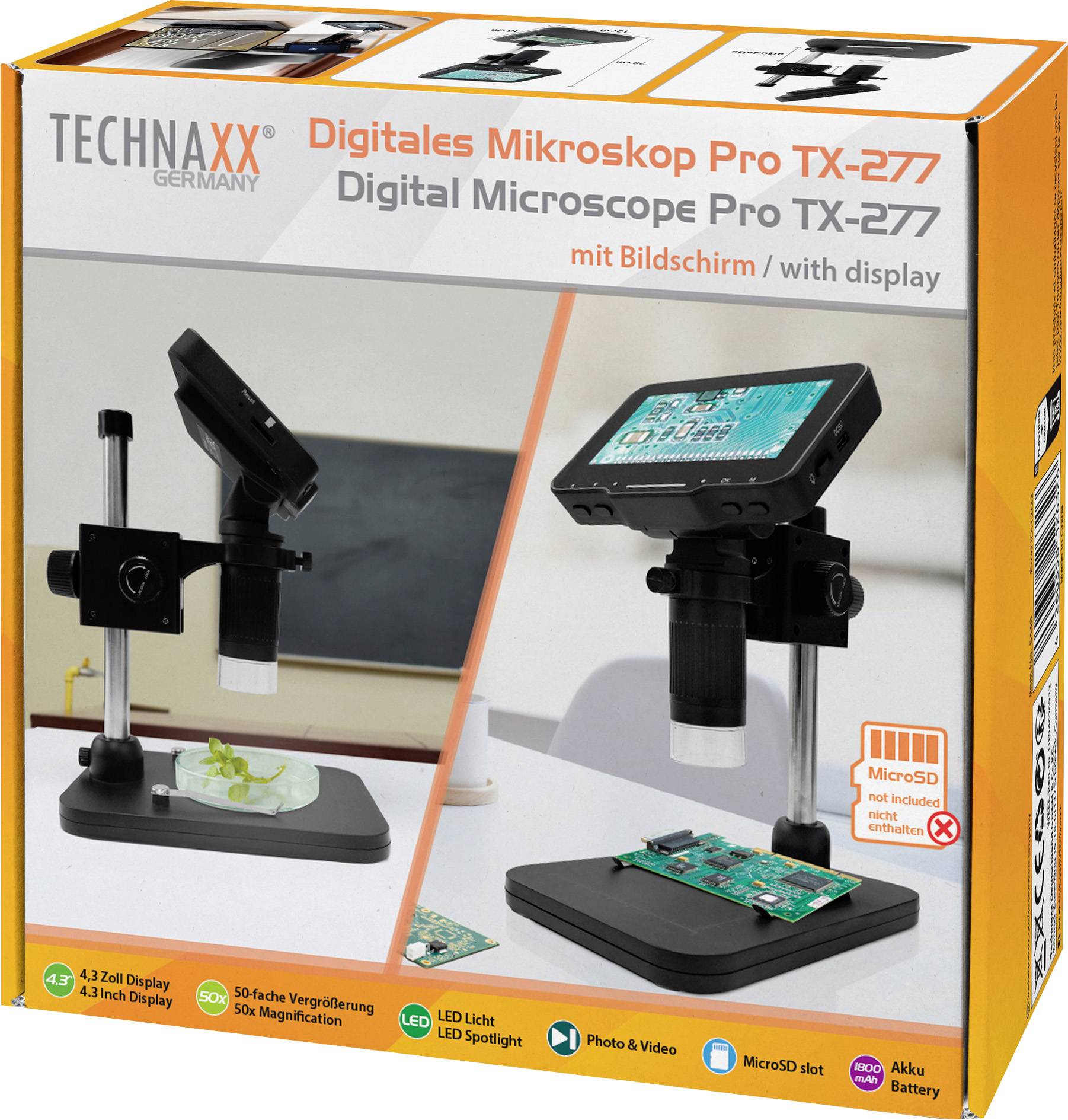 Digital Microscope Pro TX-277 with Screen. Shows magnified view of plants and circuit boards. Includes LED light and MicroSD slot.