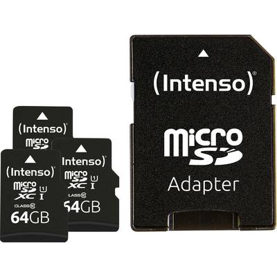 Three Intenso microSD cards (64GB), one in an adapter.