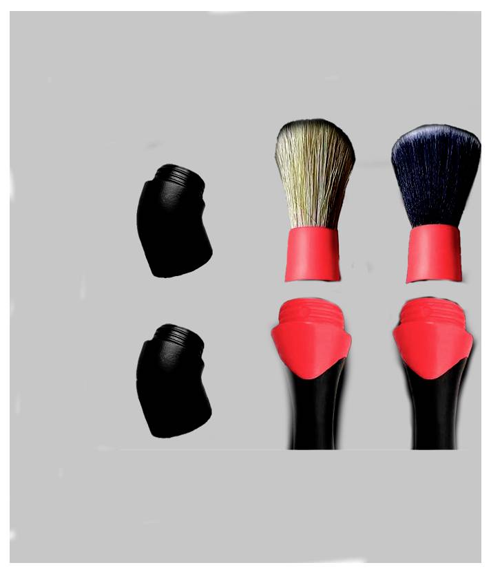 Various brushes with red handles and different bristle shapes are depicted on a grey background.
