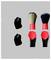 Various brushes with red handles and different bristle shapes are depicted on a grey background.