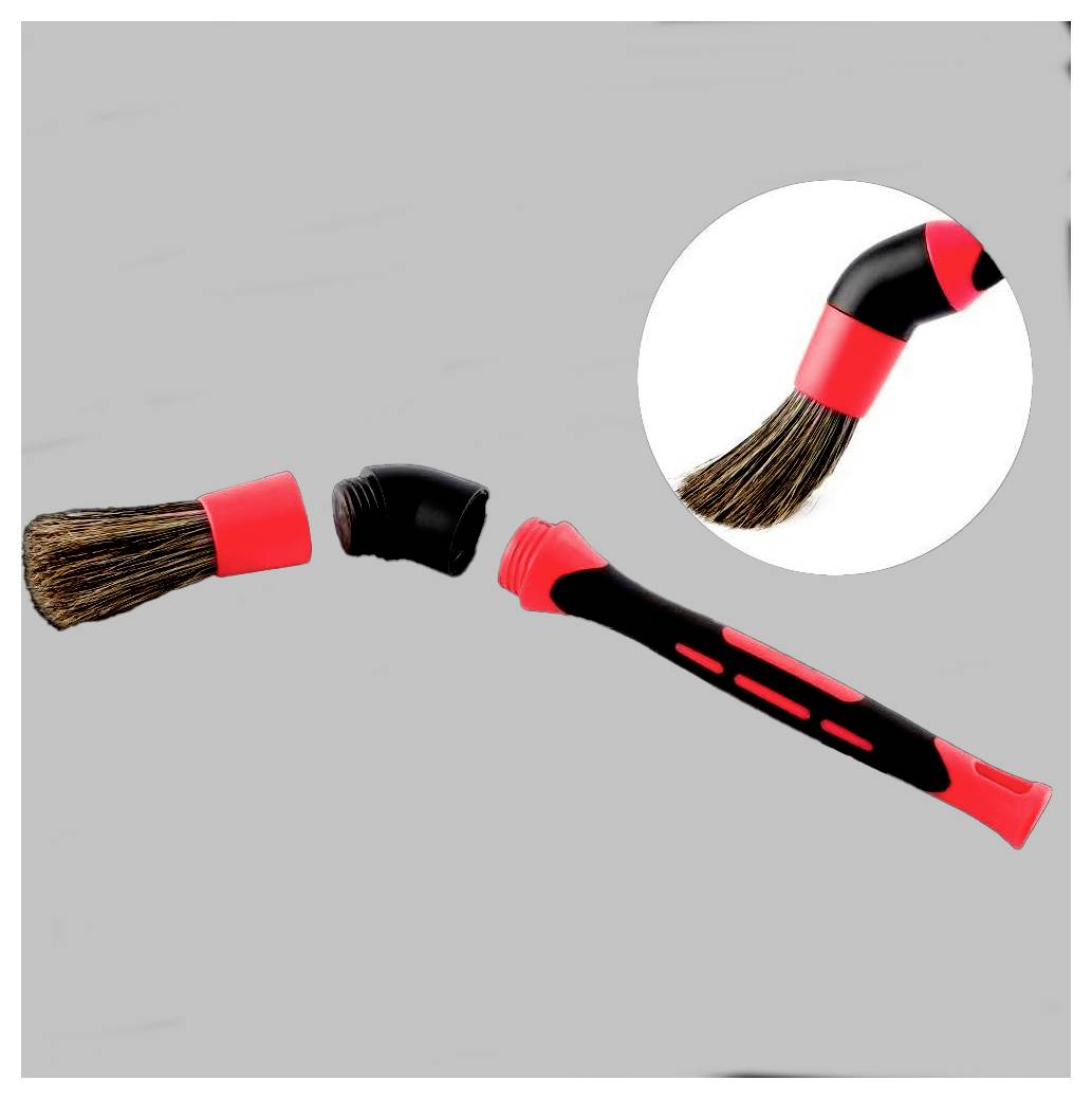 Detachable cleaning brush head with a black handle and red accents, focusing on the replaceable brush head made of natural bristles.