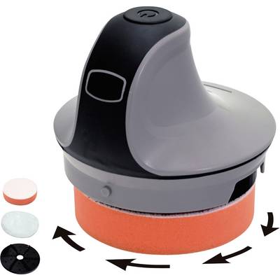 An electric cleaning device with an orange foam disc and four interchangeable pads in different colours for versatile applications.