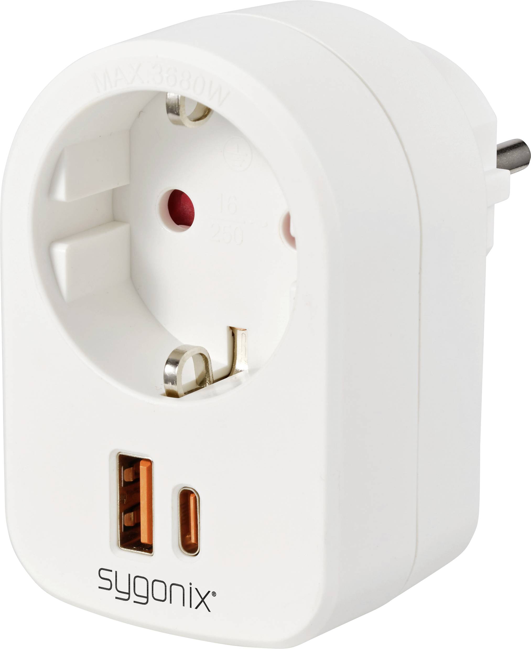 White socket with two integrated USB ports, brand name 'sygonix' below. Maximum power: 3680W, 250V.