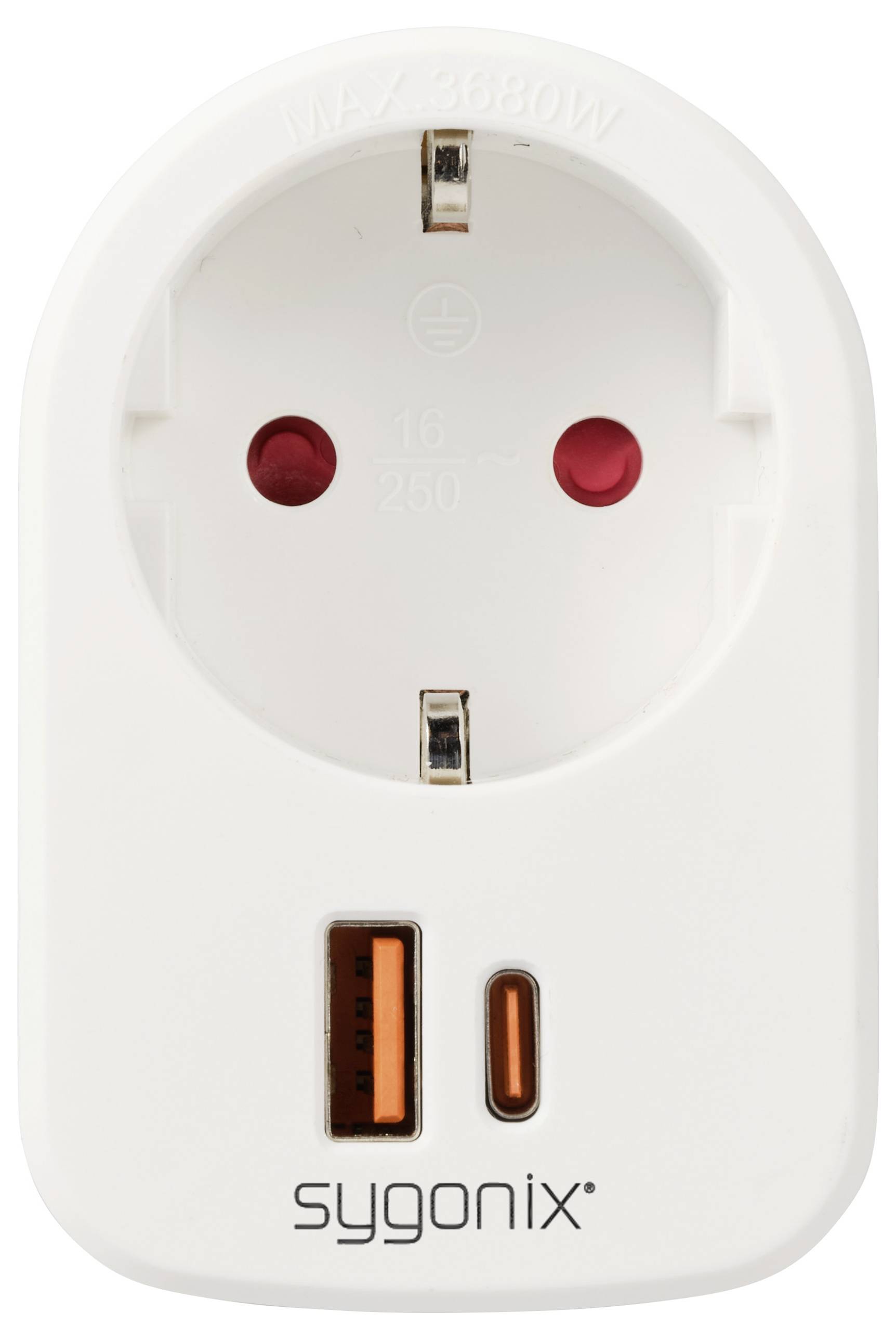 White socket with two red USB ports, labelled 'sygonix'. Maximum current 16 A, 250 V. Maximum power 3680 W.