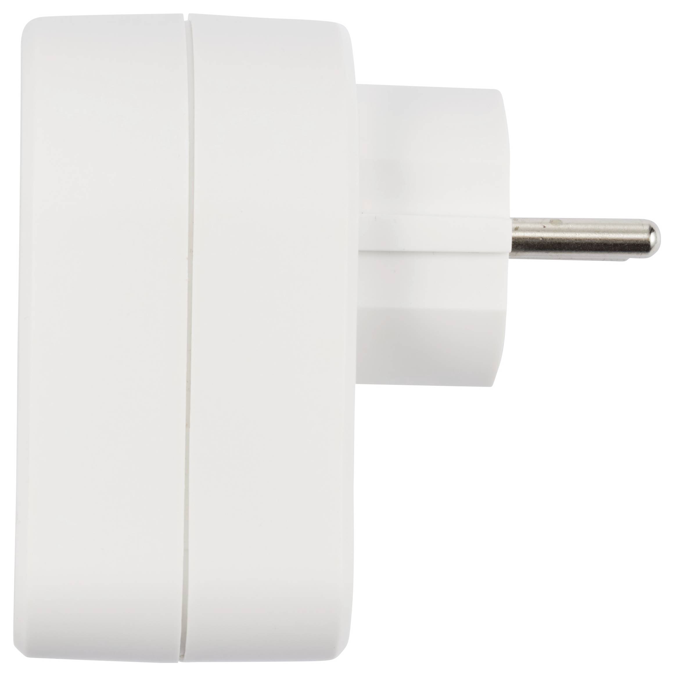 A white plug adapter in side view. The adapter has a European plug.