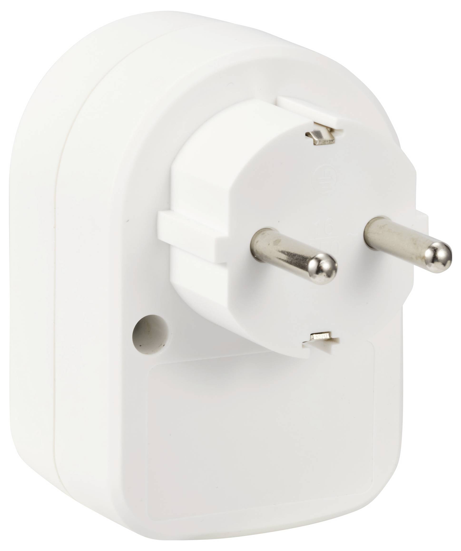A white EU socket adapter with two round pins for use in European power outlets.