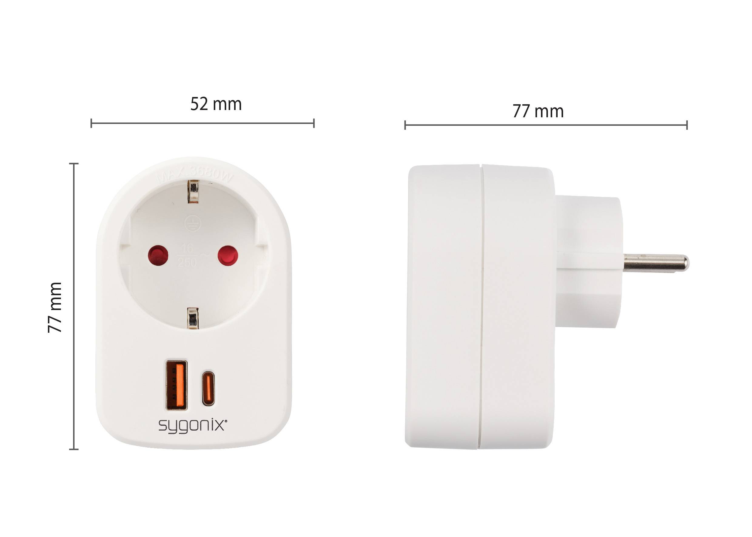 Two views of a white socket adapter with USB ports. Left: Front view with brand name 'sygonix'. Right: Side view with plug contact. Dimensions: 52 mm x 77 mm x 77 mm.