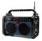 Portable radio with two speakers, controls, and antenna. Display shows '87.6' frequency and 'Pop Music'. Black casing with blue panel.