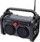 Portable radio with a robust casing, two speakers, and an antenna. Large red volume control and display with station information.