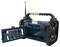 A portable radio with a reinforced casing and a compartment for a smartphone. An aerial extends out to the side.