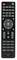 A black remote control with buttons for audio settings, playback, volume, and radio station selection. Brand logo at the bottom.