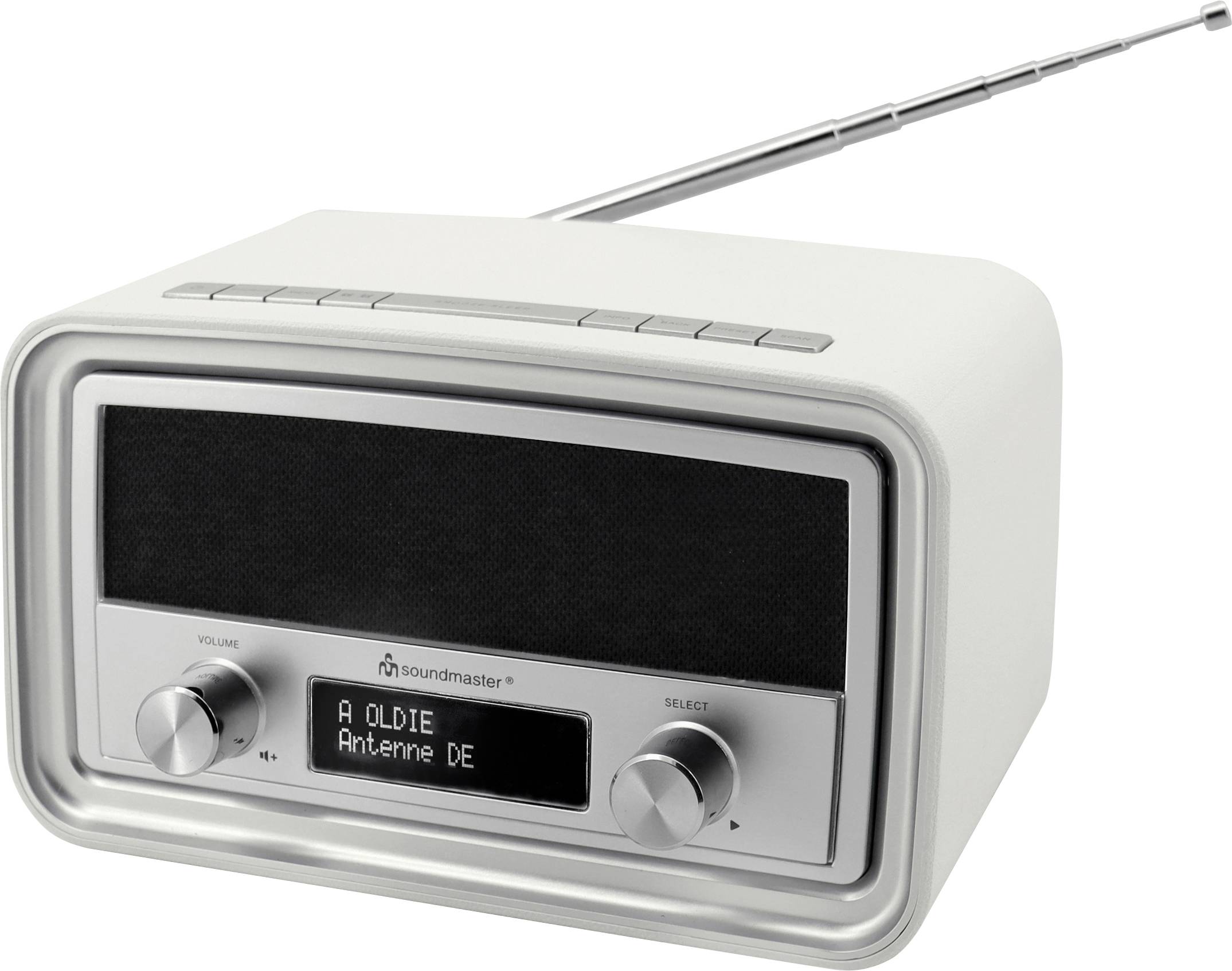 A white, retro-looking radio with an aerial. The display reads 'A OLDIE Antenne DE'. Two rotary controls are visible.