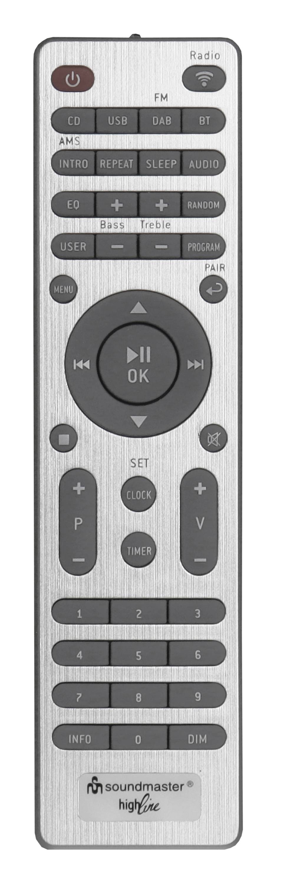 A silver remote control with black buttons. Controls CD, USB, DAB and radio. Central 'OK' button surrounded by menu and navigation buttons.
