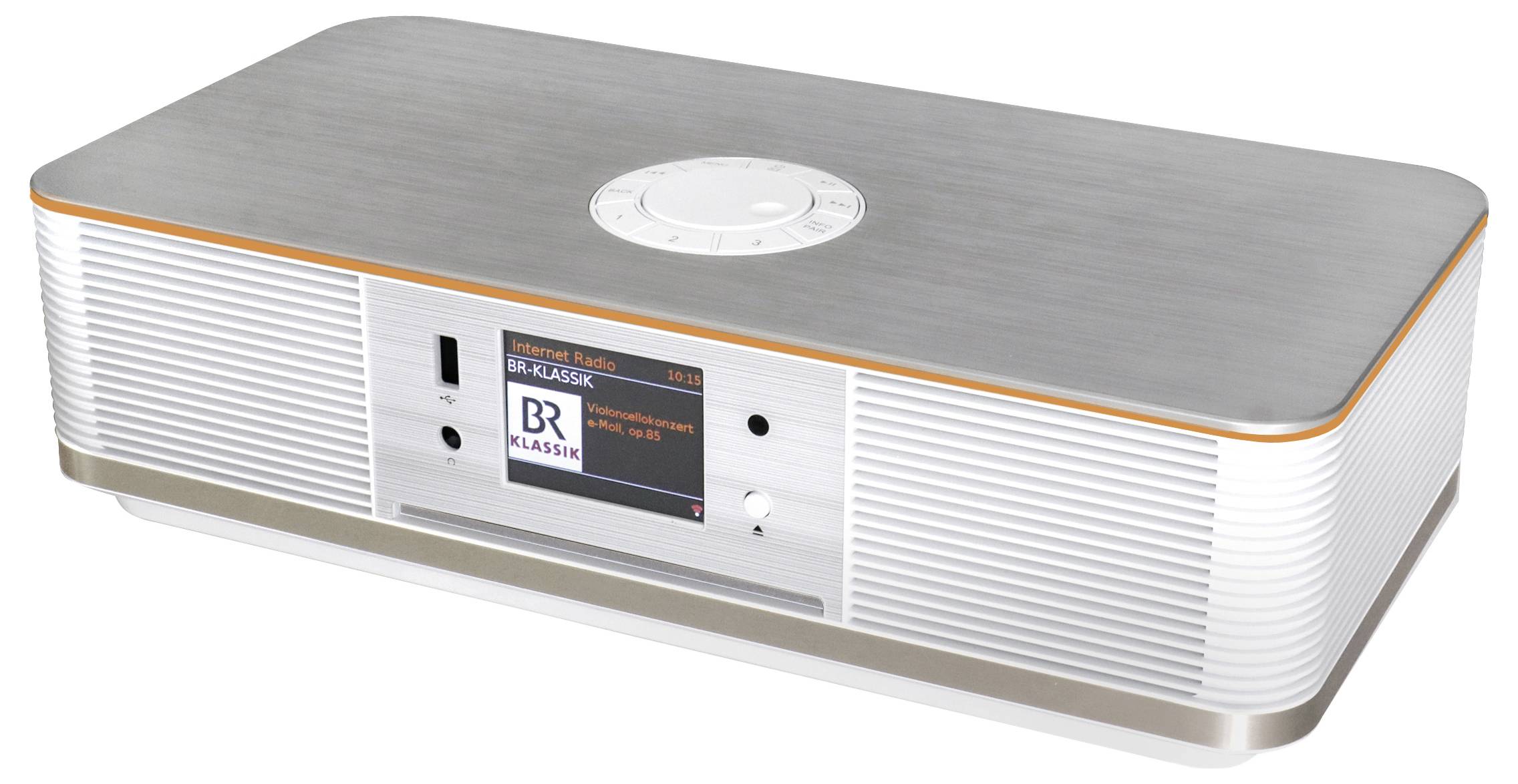 A rectangular, silver-coloured internet radio with a digital display, playing BR Klassik. A control element is located at the top.