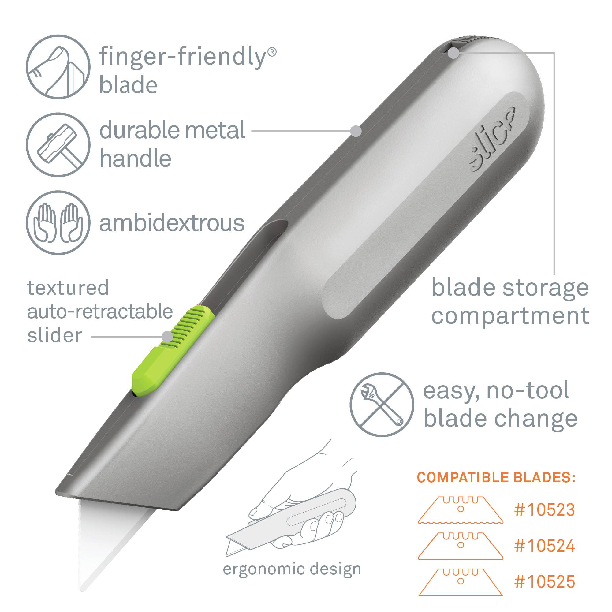 The image depicts a grey safety knife with a green lever, matching blade types, and features such as 'ambidextrous' and 'ergonomic design'.