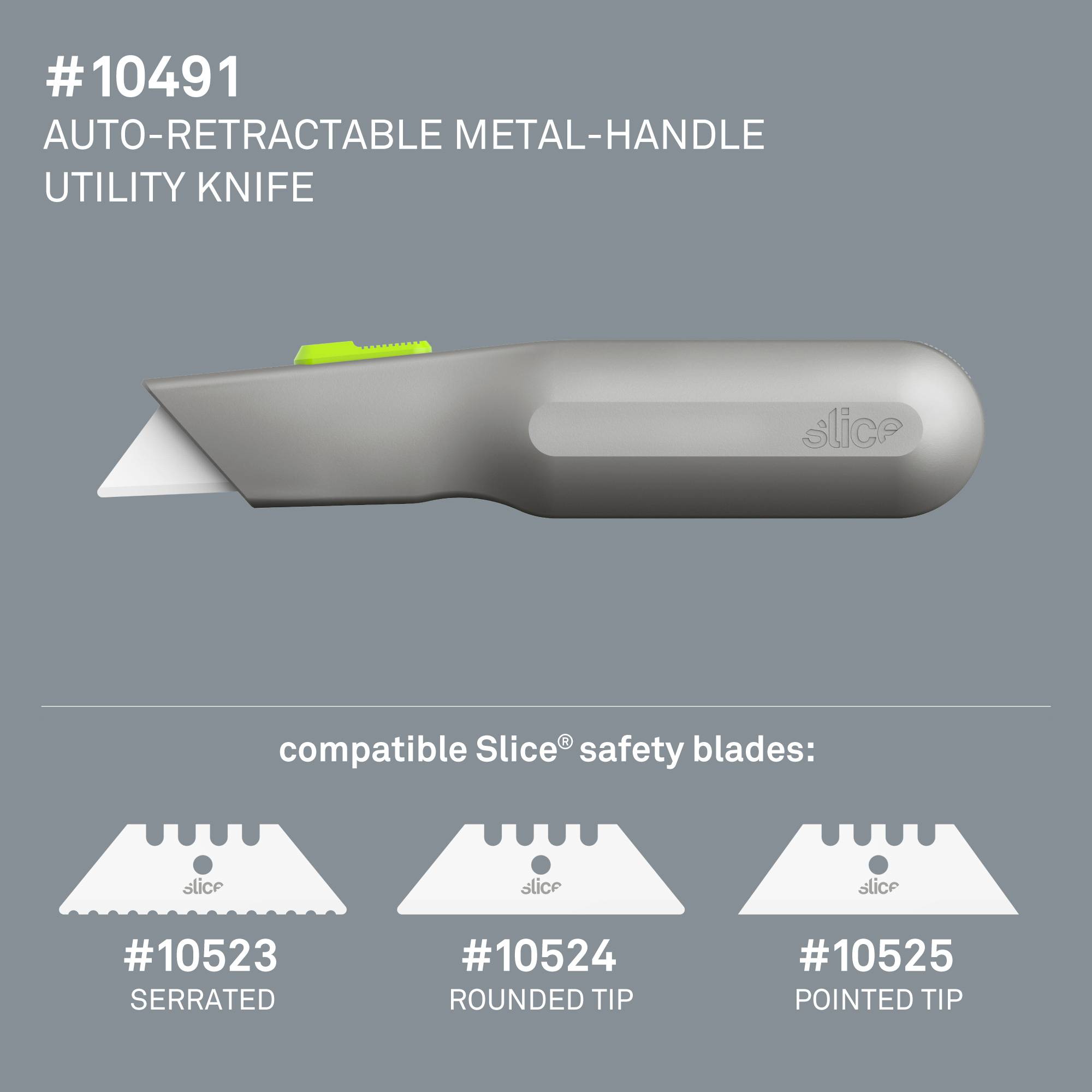 Grey-black safety knife with retractable blade, model number 10491. Compatible blades: serrated, round, pointed.