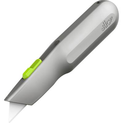 Grey utility knife with a green sliding blade extension mechanism, blade partially exposed. Tool for cutting tasks.