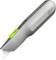 Grey utility knife with a green sliding blade extension mechanism, blade partially exposed. Tool for cutting tasks.