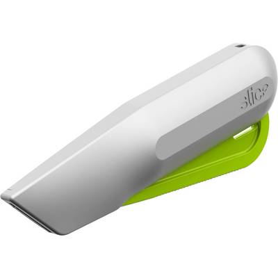 A handy cardboard cutter with a grey housing and green handle.