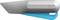 A silver safety knife with a blue handle lies on its side. 'Slice' is engraved on the top surface.