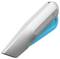 A handy, angled cutting tool with a grey casing and blue handle. Developed for safe use. Suitable for cutting paper or plastic.