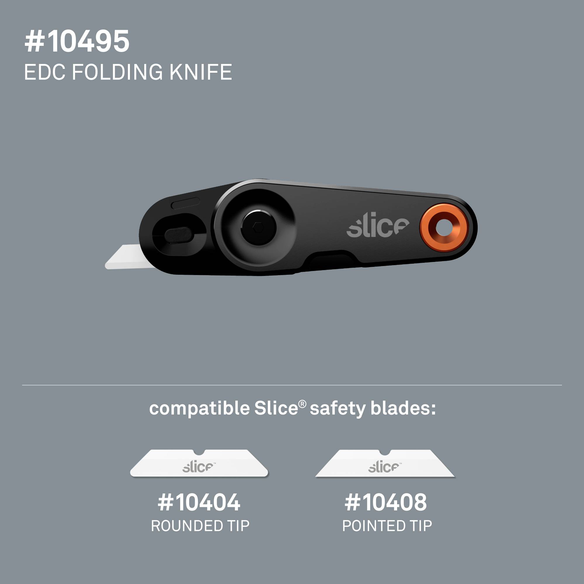 'Slice #10495 Folding Knife, compatible with Safety Blades #10404 Round Tip and #10408 Sharp Tip.'