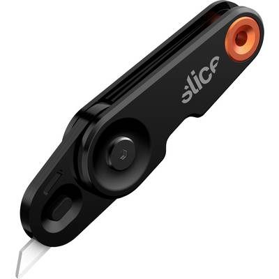 Black, ergonomic safety knife with retractable, orange-framed blade, suitable for cutting cardboard and packaging.