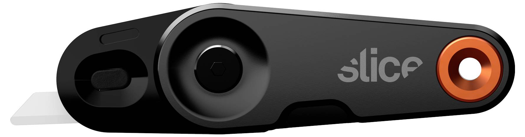 A black safety cutter with an orange accent and retractable blade, labelled 'slice'.