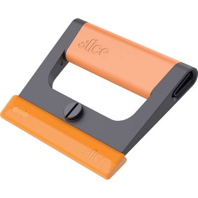 An orange and black cutting tool with an ergonomic handle and safety blade. Ideal for safely cutting cardboard.