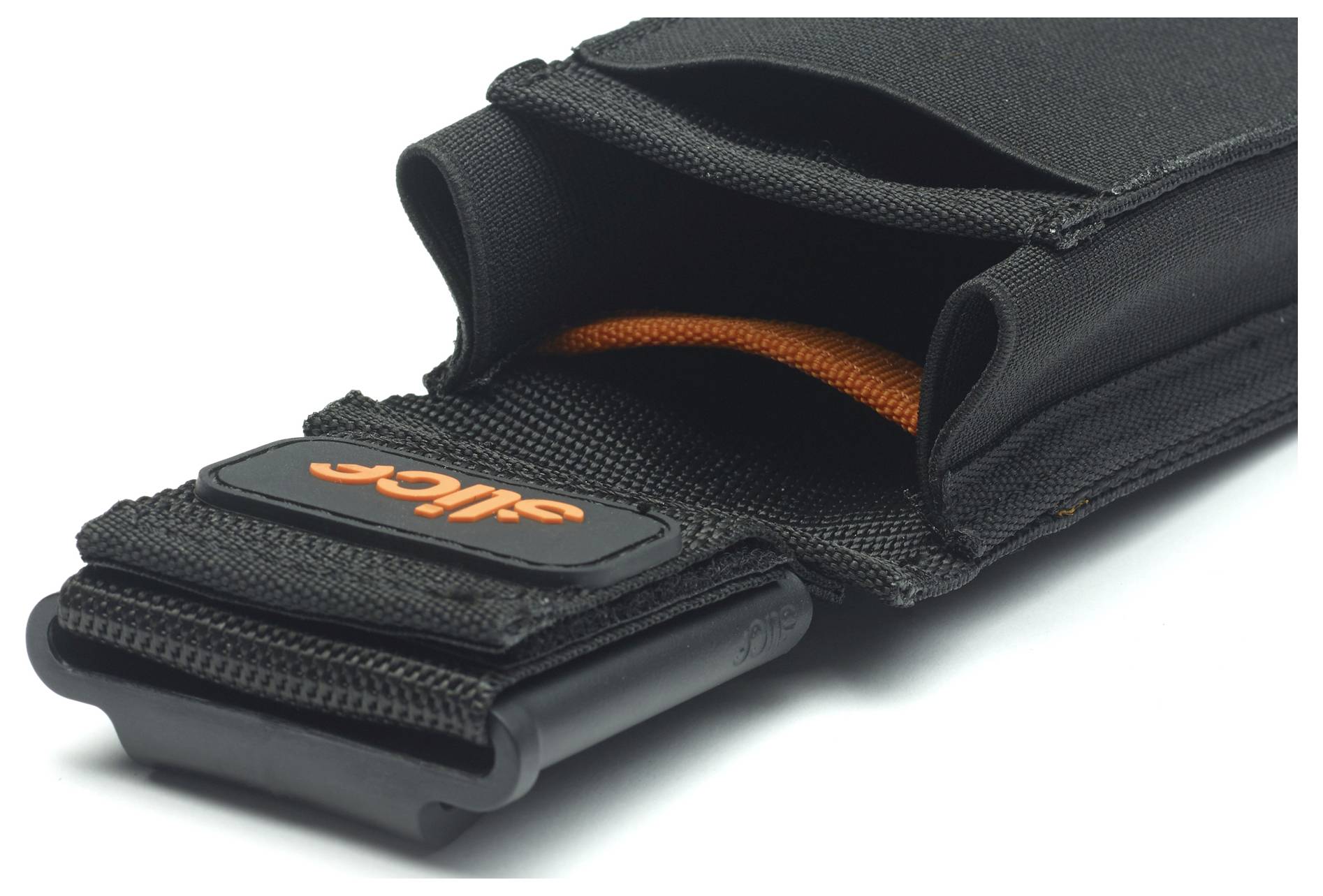 Black bag with 'slice' logo, open flap, visible orange interior. Suitable for storing tools.