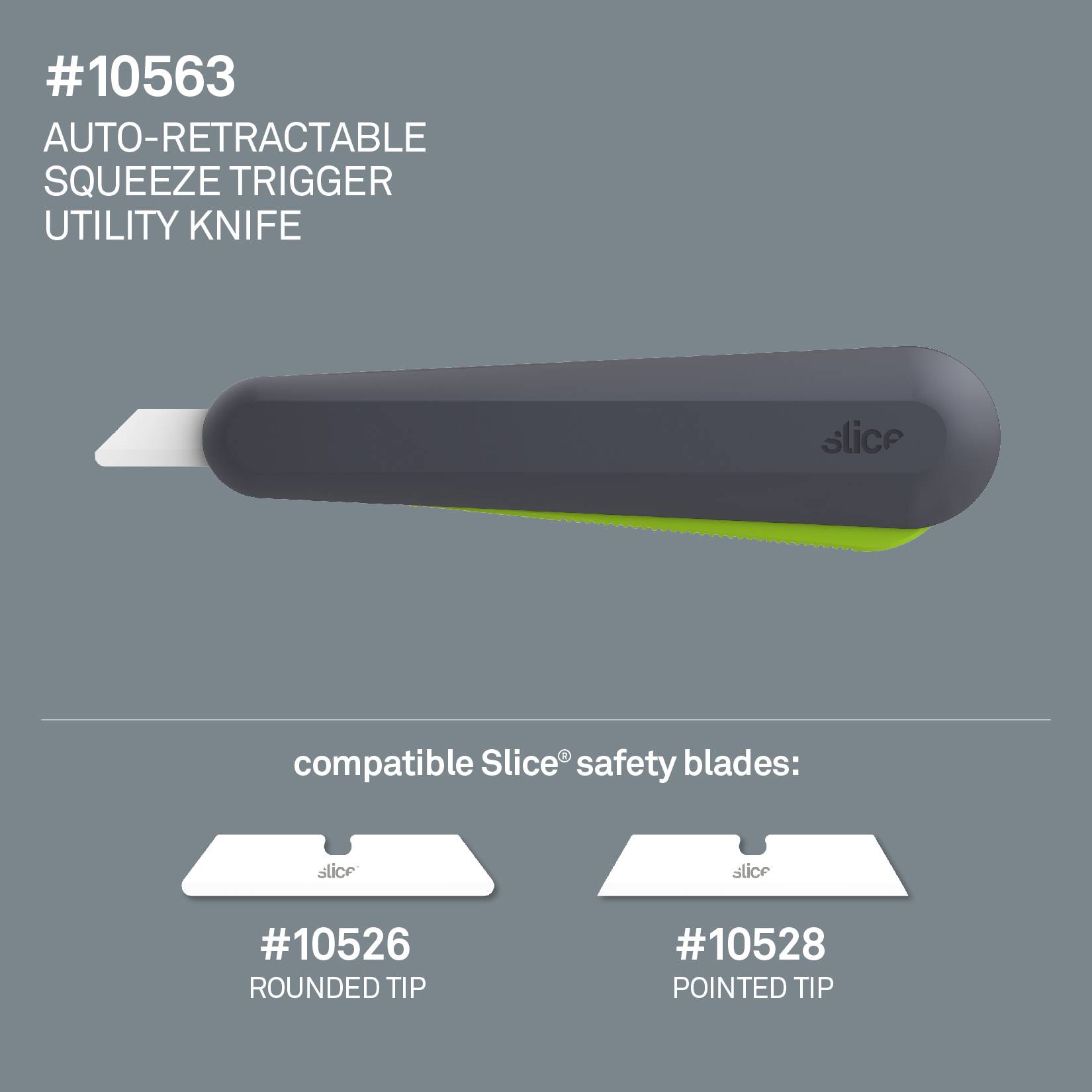 A safety knife with an automatically retractable blade and squeeze-grip mechanism, compatible with rounded and pointed blades.