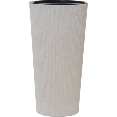 'Beige vase with a ribbed surface, cylindrical shape and black interior. Stands upright, suitable for flowers or decoration.'