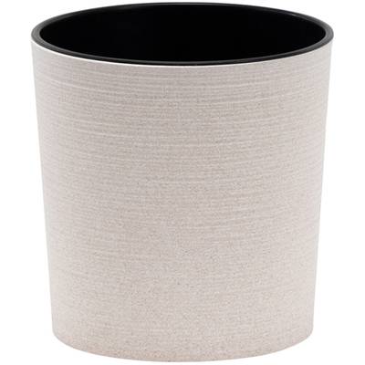 A beige waste bin with a black inner rim, empty and standing upright.