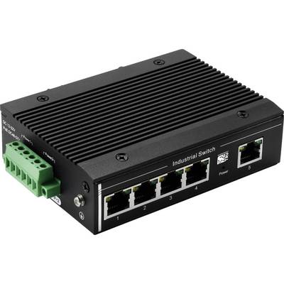An industrial network switch with five Ethernet ports and a green power connector, designed for networking in factory environments.