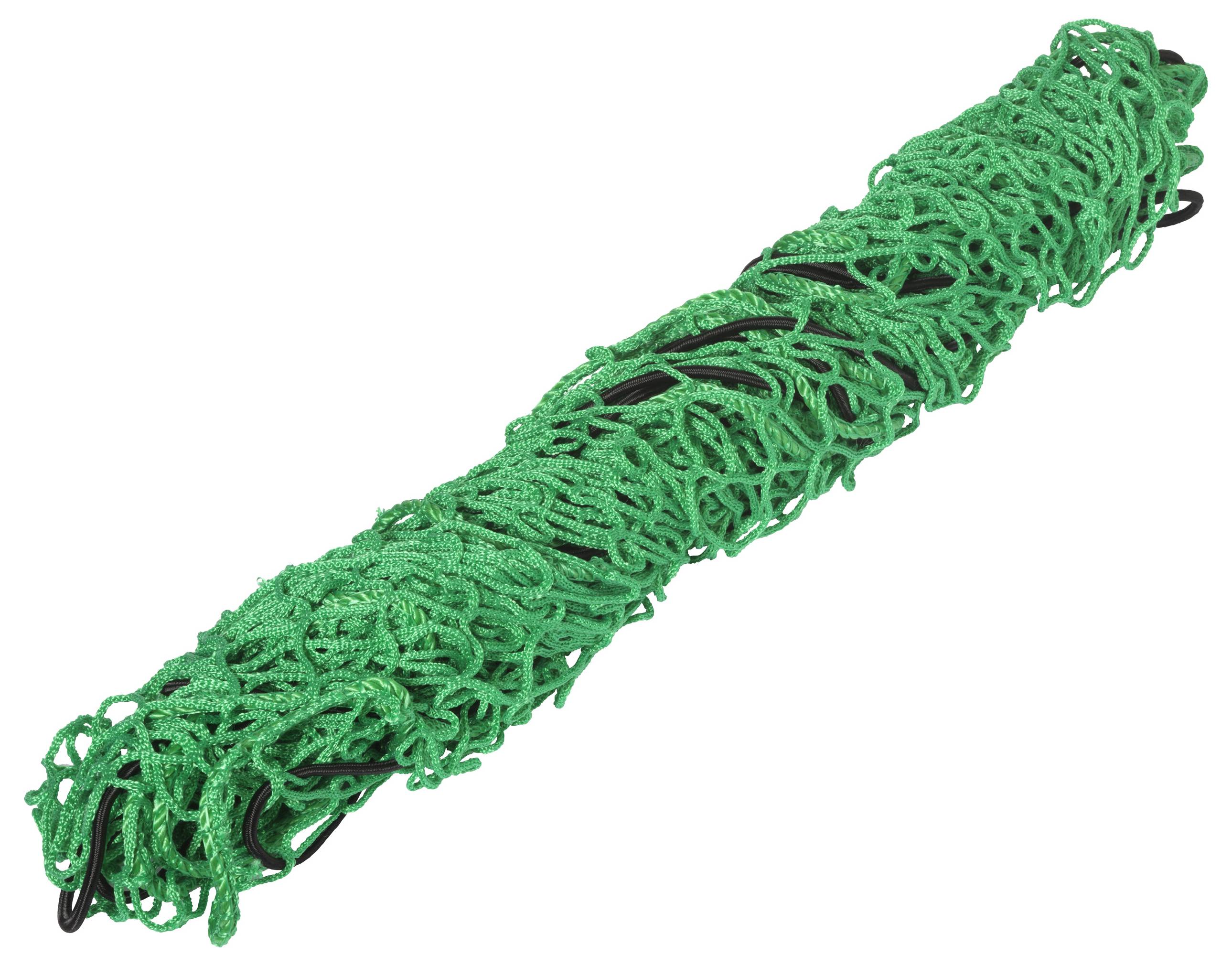 A coiled, green sports net made of dense cords, typically used for football goals.