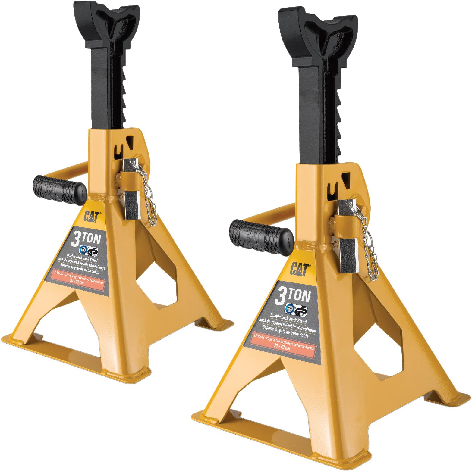 'Two yellow 3-ton capacity heavy-duty jack stands with adjustable height rachet bars, featuring a labeled safety lock mechanism.'