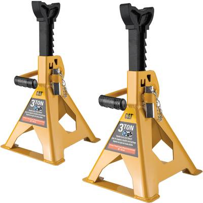 'Two yellow 3-ton capacity heavy-duty jack stands with adjustable height rachet bars, featuring a labeled safety lock mechanism.'