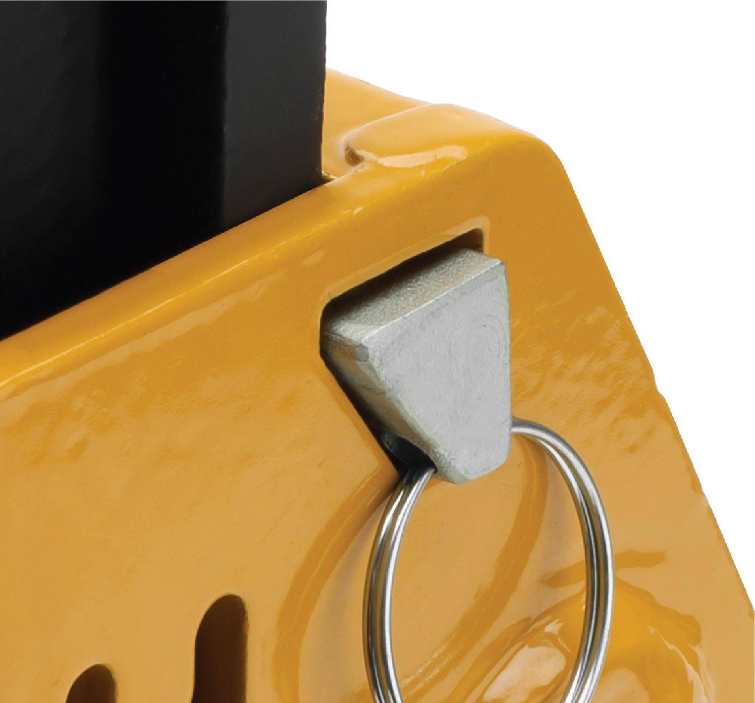 A close-up image of a sturdy metal lock inserted into a yellow mounting block, showcasing security or locking mechanism.