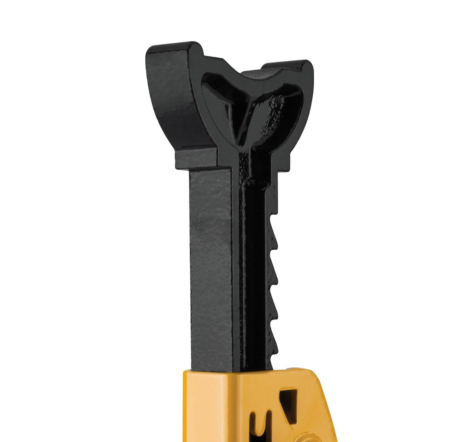 A close-up view of a yellow and black doorstop shaped like a wedge with a serrated edge, designed to hold a door open securely.