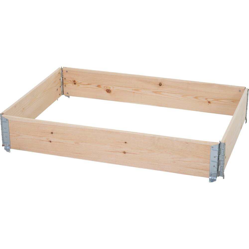 Wooden frame with metal corner connectors, rectangular and open, suitable for use in gardening or construction projects.