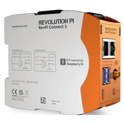 A 'RevPi Connect 5' module from Revolution Pi, with connections and technical labelling, indicating Raspberry Pi compatibility.