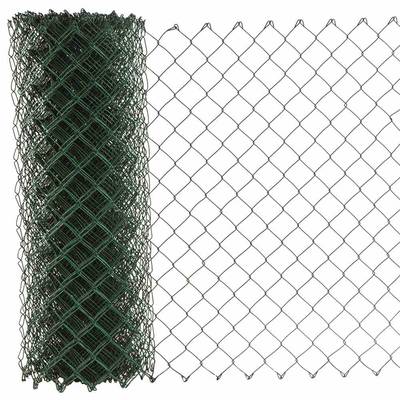 A roll of chain-link fence on the left, unrolled fence on the right. The fence has a diamond-shaped pattern.