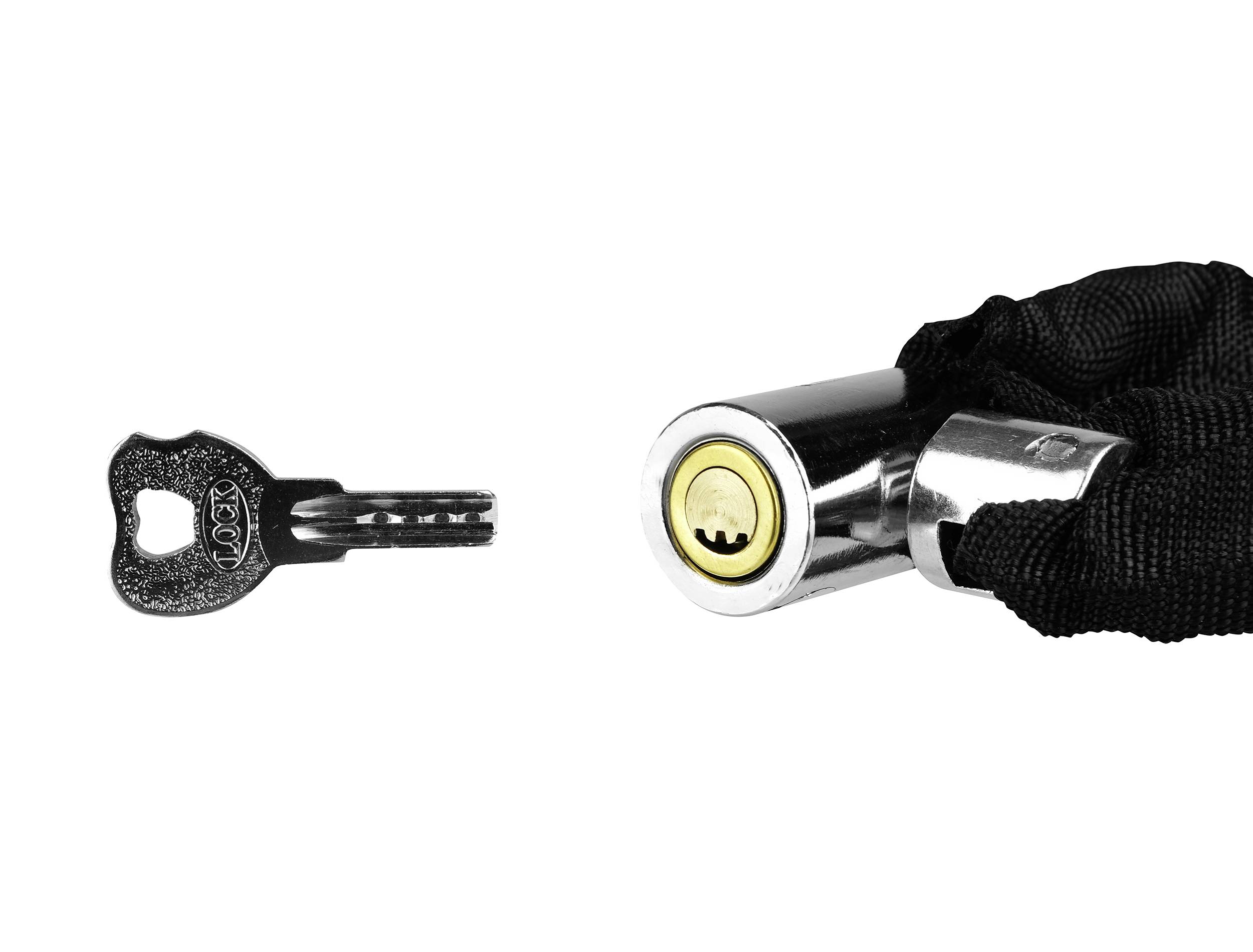 A black security padlock with a silver cylinder and a black key beside it, used for bicycle or motorcycle security.
