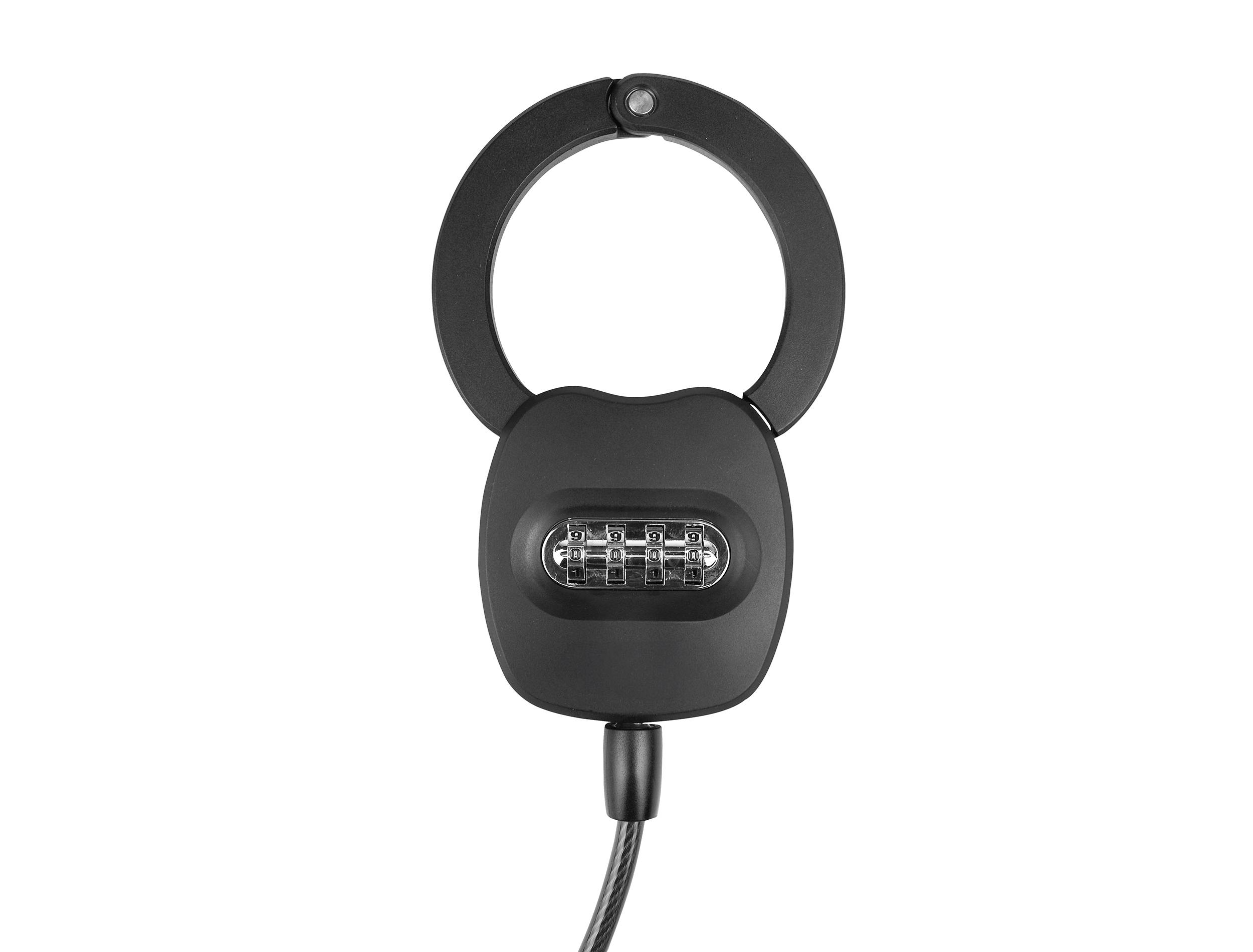 A black bicycle lock with number combination and cable.