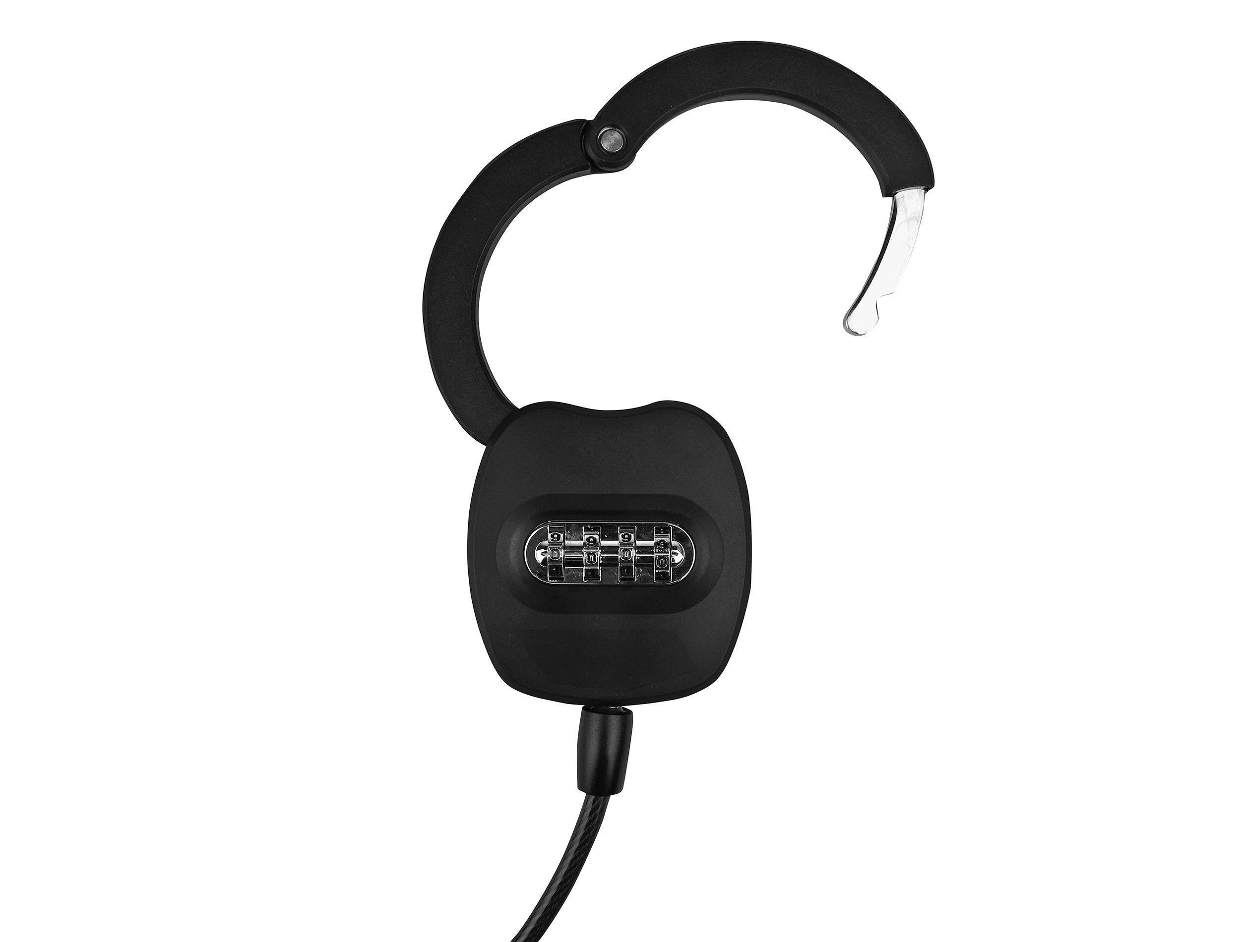 A black numerical padlock with cable, open. Main body and crocheted holder are visible, simple security solution.