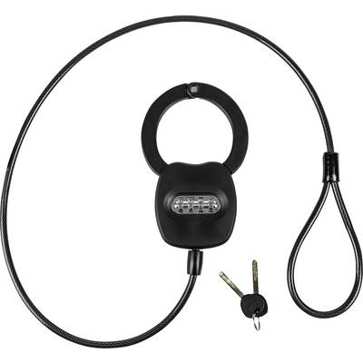 Black combination cable lock with a round shackle and two keys; suitable for securing bicycles or luggage.