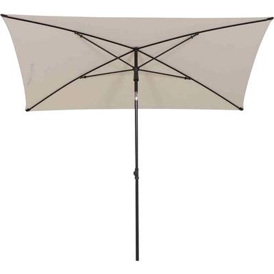 Rectangular parasol with a beige canopy on a black metal frame, opened up, against a neutral background.