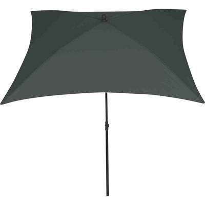 A simple, dark green market umbrella with a rectangular shape, stretched out on a black stand.